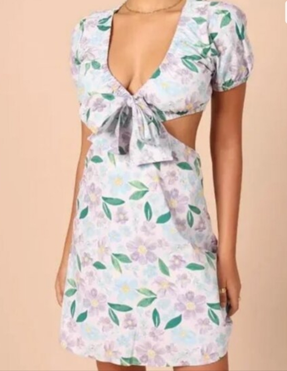 Petal & Pup women’s blue Floral Tie-Front cut out mini Dress size L NWTS